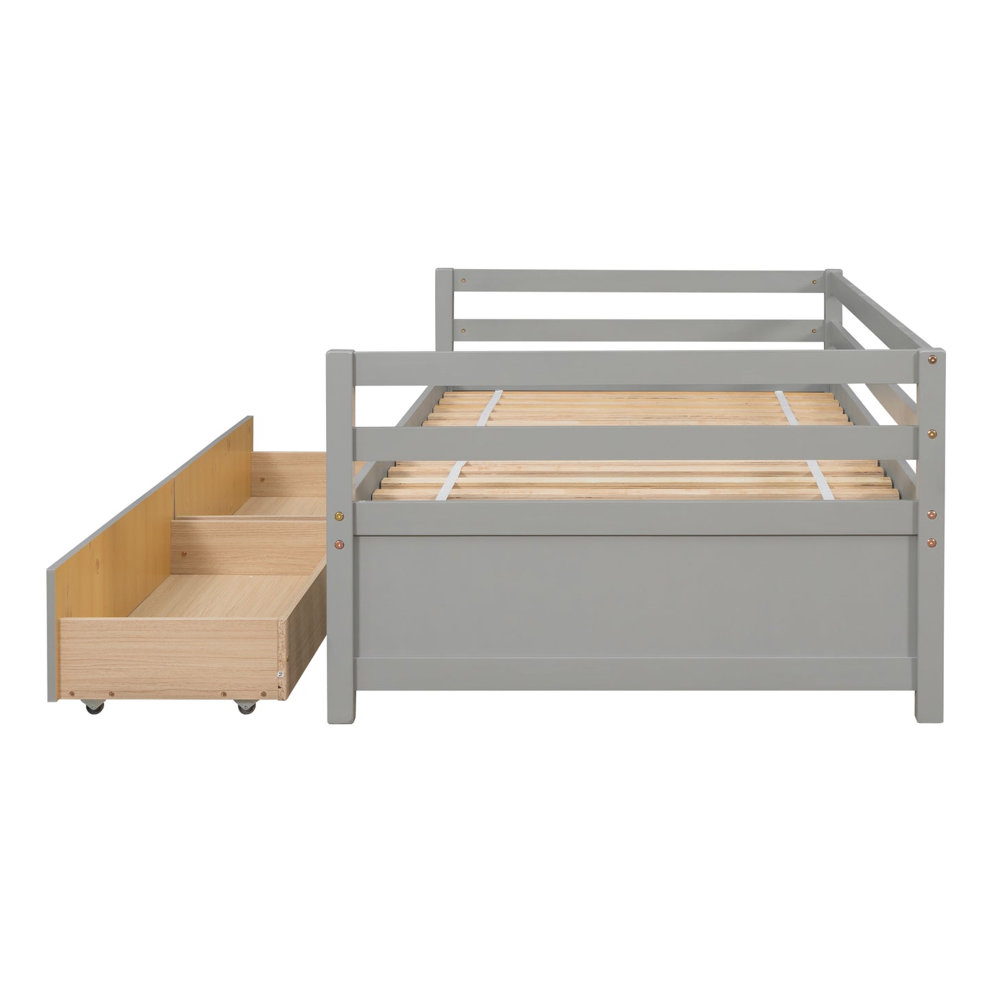 Grey Daybed with Storage Drawers, Wood Full Bed Frame with Built-in End Table for Bedroom, Living Room