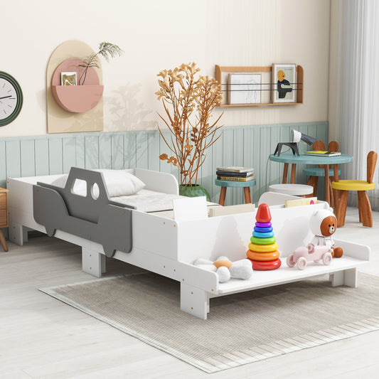 Mesvin Platform Storage Bed Car-Shaped Twin Wood Kid Bed with Bench,White