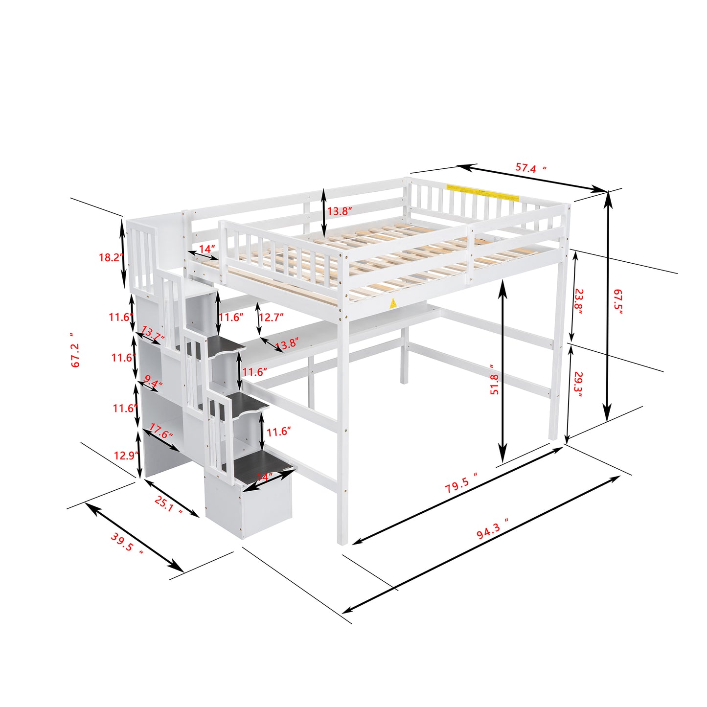 Full Size Loft Bed with Built-in Desk, Bookshelves and Storage Staircase,White(Old SKU:W504S00110)