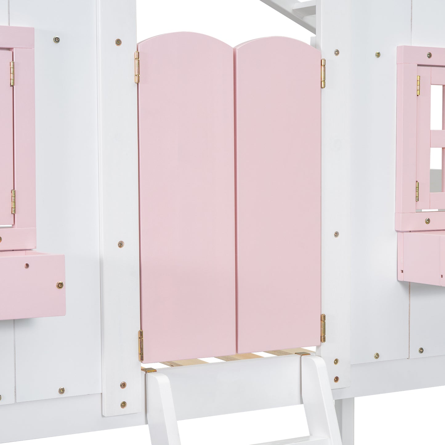 Twin over Twin House Bunk Bed with Roof , Window, Window  Box, Door , with Safety Guardrails and Ladder, Pink/White