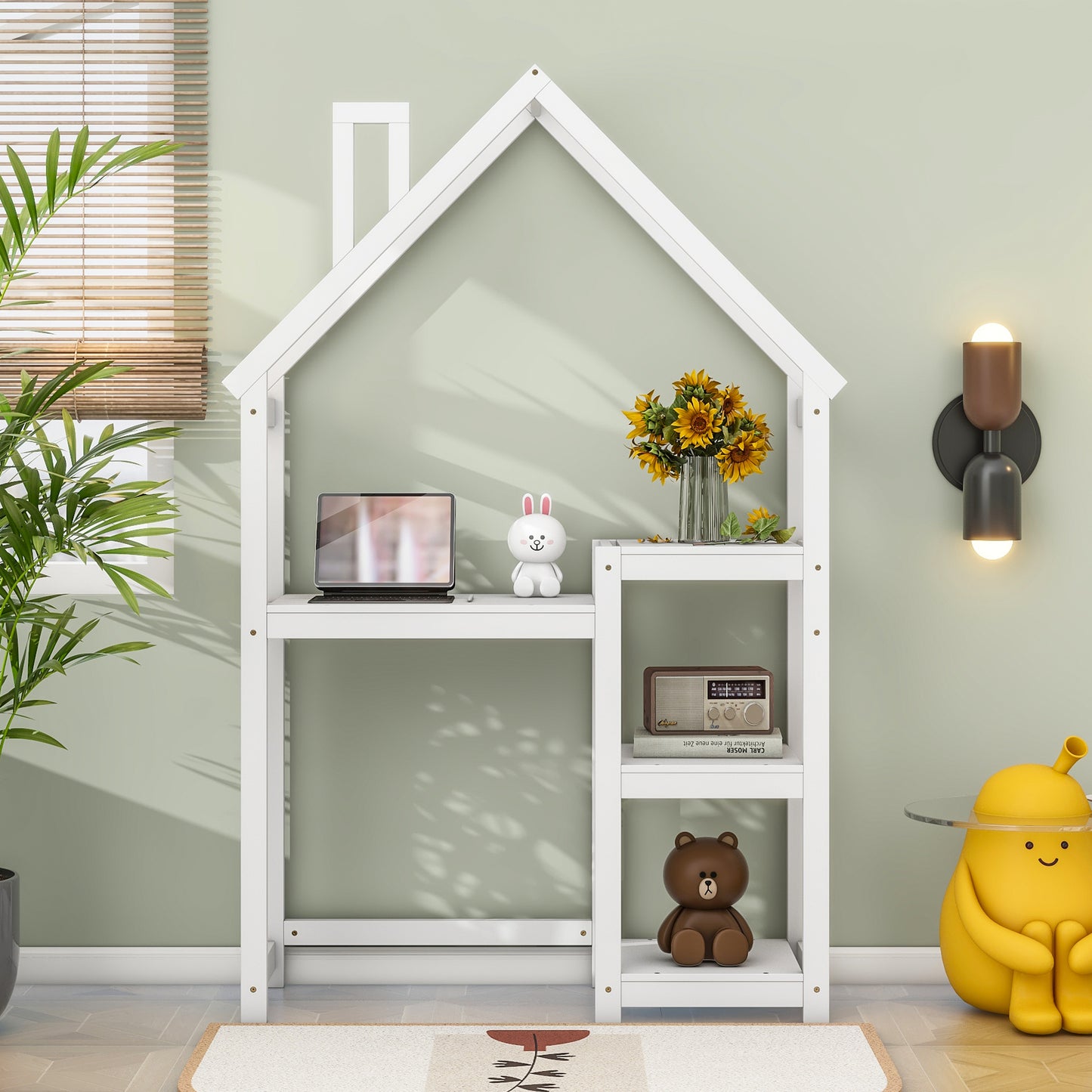 House-shaped Wooden writing Desk,Kids study Table,Bookshelf & Toy Storage,White