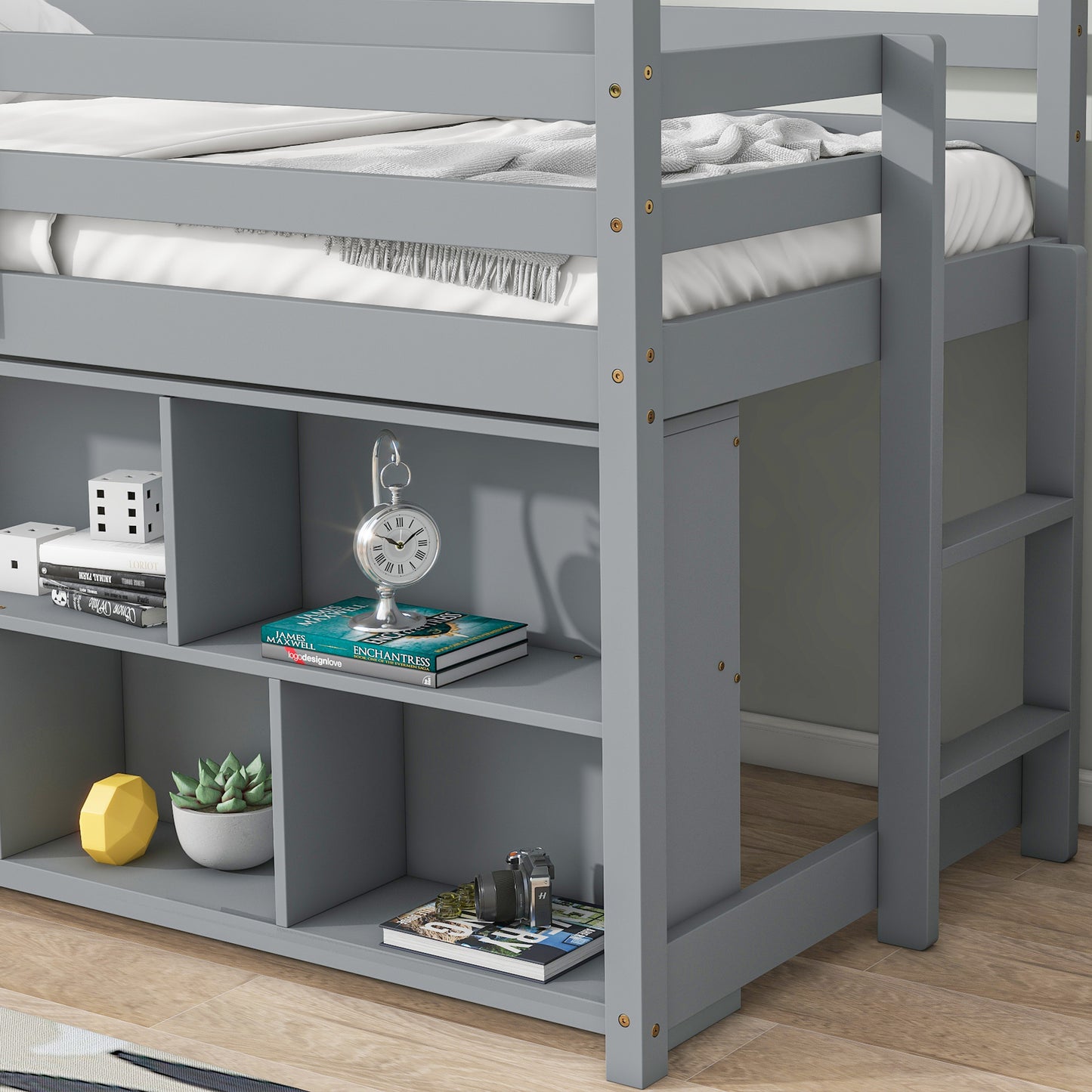 Twin House Loft Bed with Roof Frame, Under Bed Shelving Storage Unit, Guardrails, Ladder,Grey