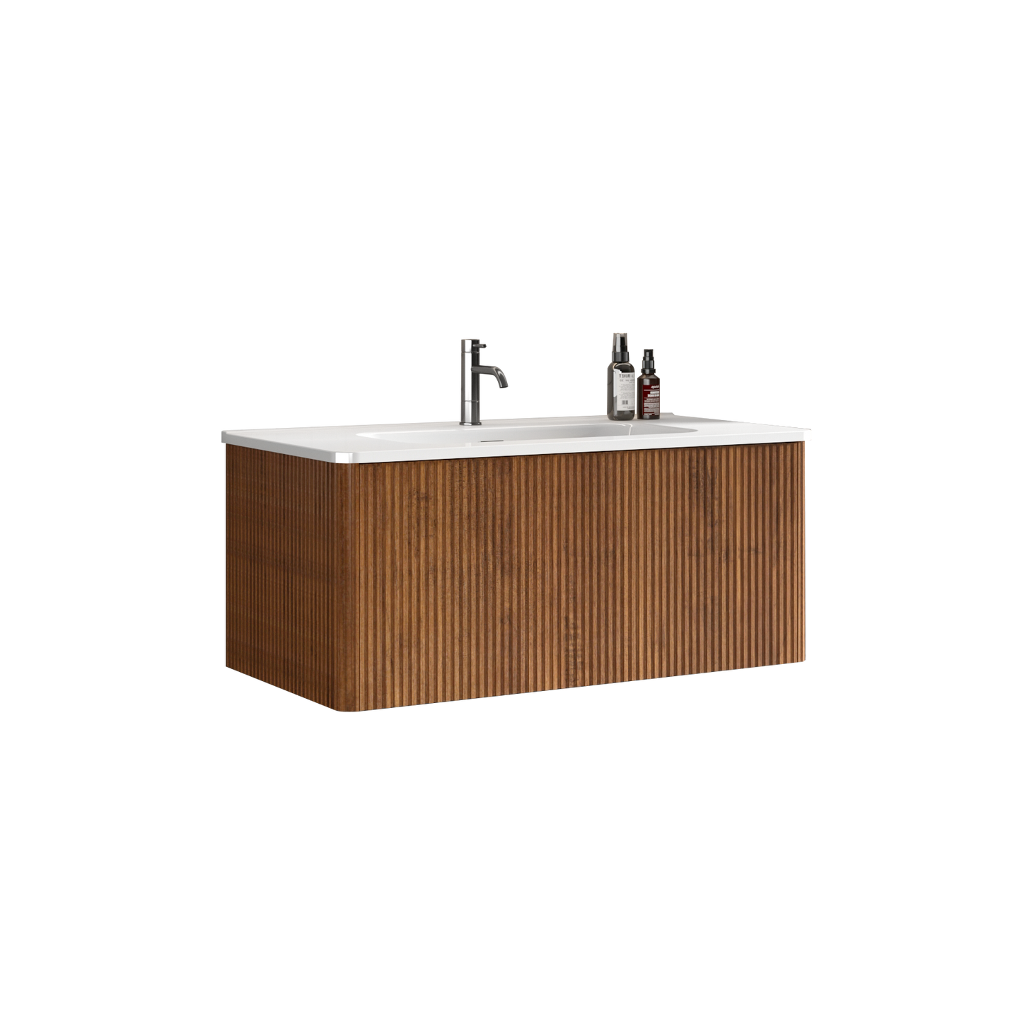 U048-Etna36W-305 Etna 36" Striped Walnut Bathroom Vanity with White Ceramic Sink, Wall Mounted Floating Bathroom Vanity for Modern Bathroom, Pre-assembled