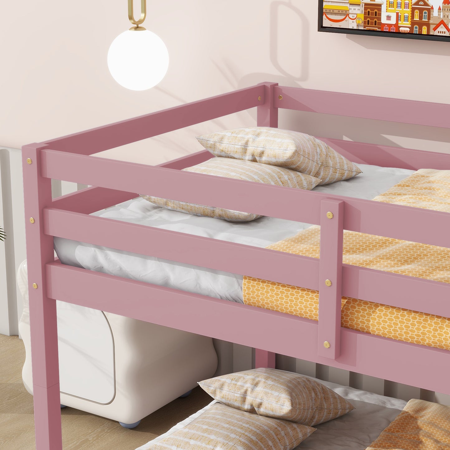 Twin over Twin Floor Bunk Bed,Pink