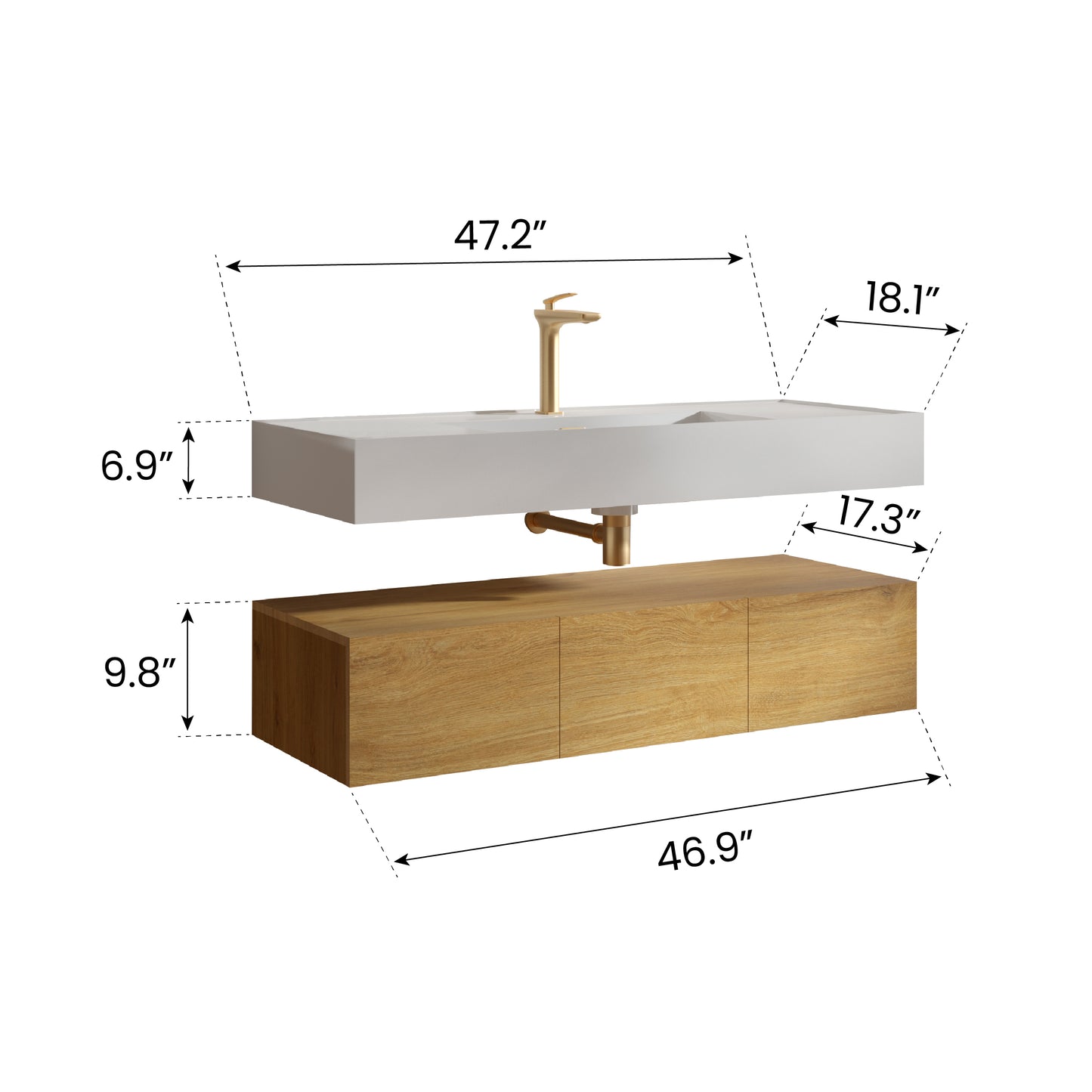 U065-Flora48W-106 Floating Bathroom Sink with Storage Cabinet, Natural Oak Wall-mounted Basin with Cabinet with 3 Soft Close Doors