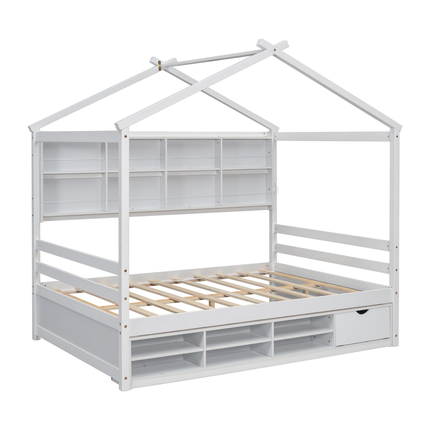 Full House Bed with Roof Frame, Bedside-shelves, Under Bed Storage Unit,White