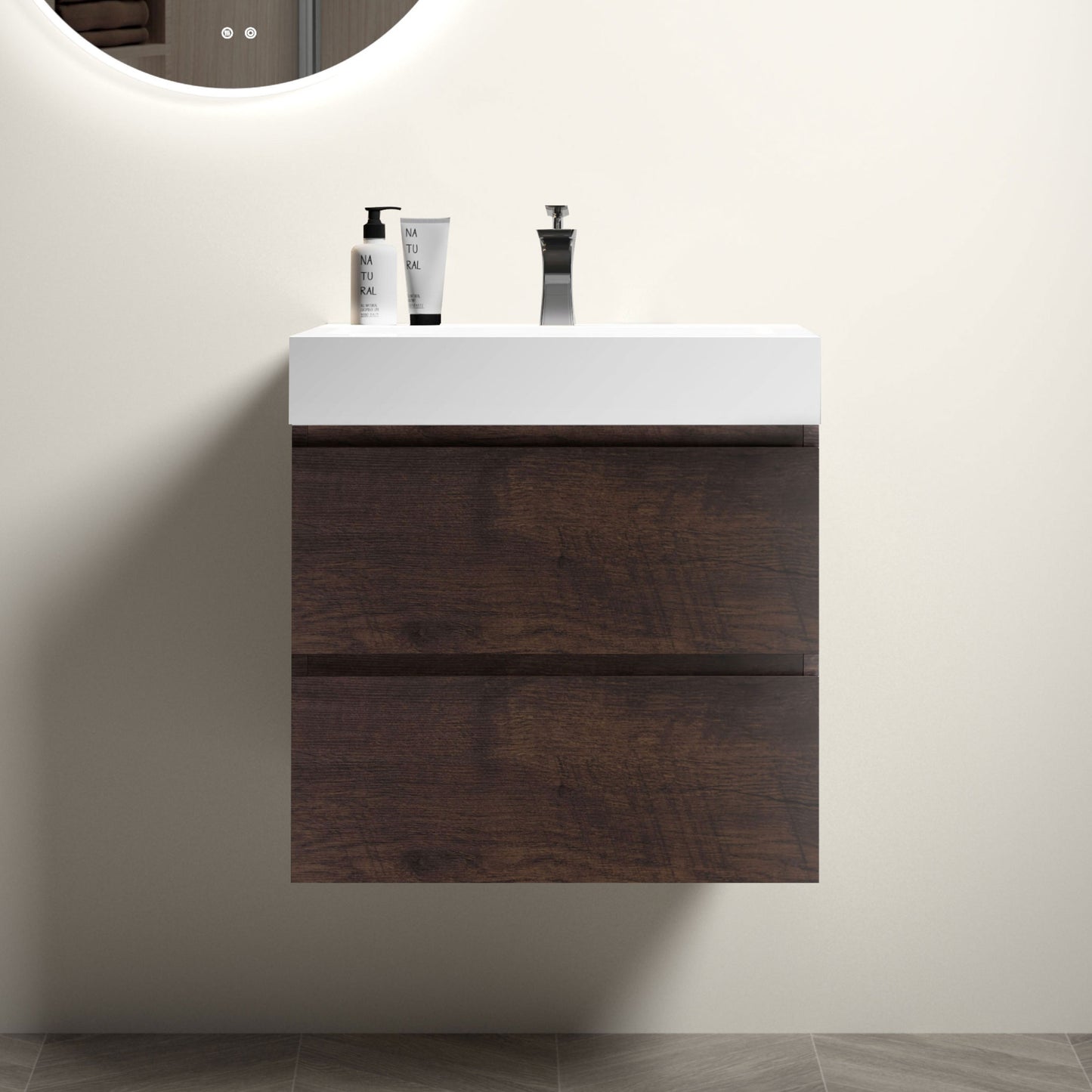 Alice 24" Walnut Bathroom Vanity with Sink, Large Storage Wall Mounted Floating Bathroom Vanity for Modern Bathroom, One-Piece White Sink Basin without Drain and Faucet, Pre-assembled