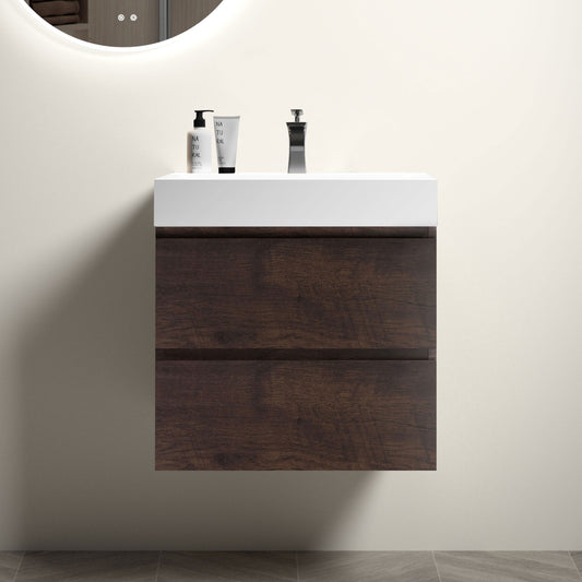 Alice 24" Walnut Bathroom Vanity with Sink, Large Storage Wall Mounted Floating Bathroom Vanity for Modern Bathroom, One-Piece White Sink Basin without Drain and Faucet, Pre-assembled