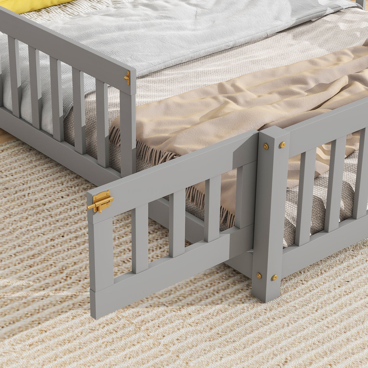 Full House-Shaped Headboard Floor Bed with Fence ,Grey