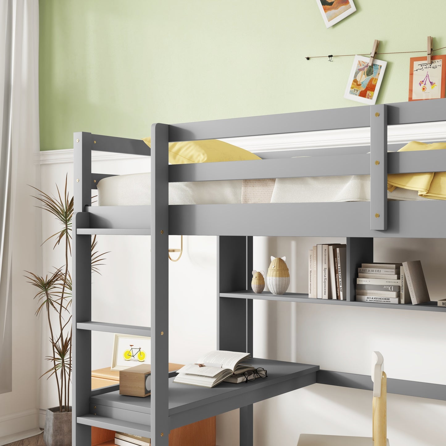 Twin Loft Bed with built-in desk and bookcase of three compartments, Guardrails and Ladder,Grey