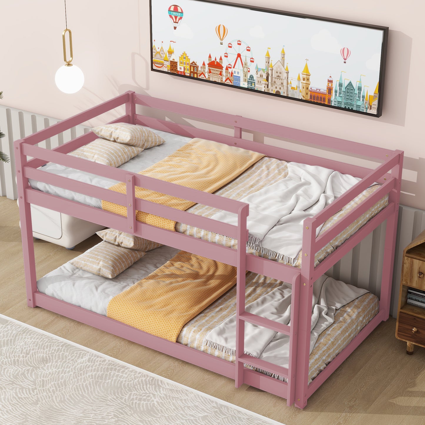 Twin over Twin Floor Bunk Bed,Pink