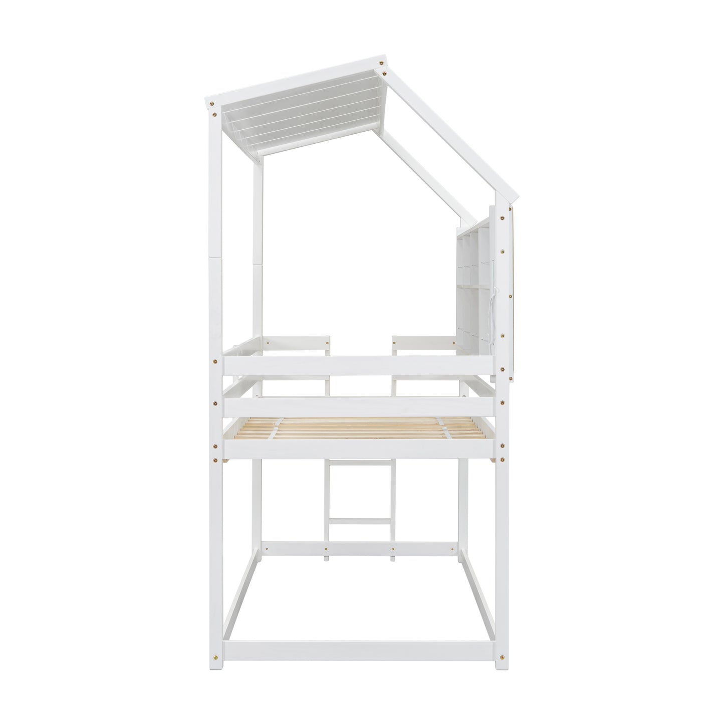 Twin House Loft Bed with Guardrails, Semi-enclosed Roof, Bedside Shelves and Ladder, White