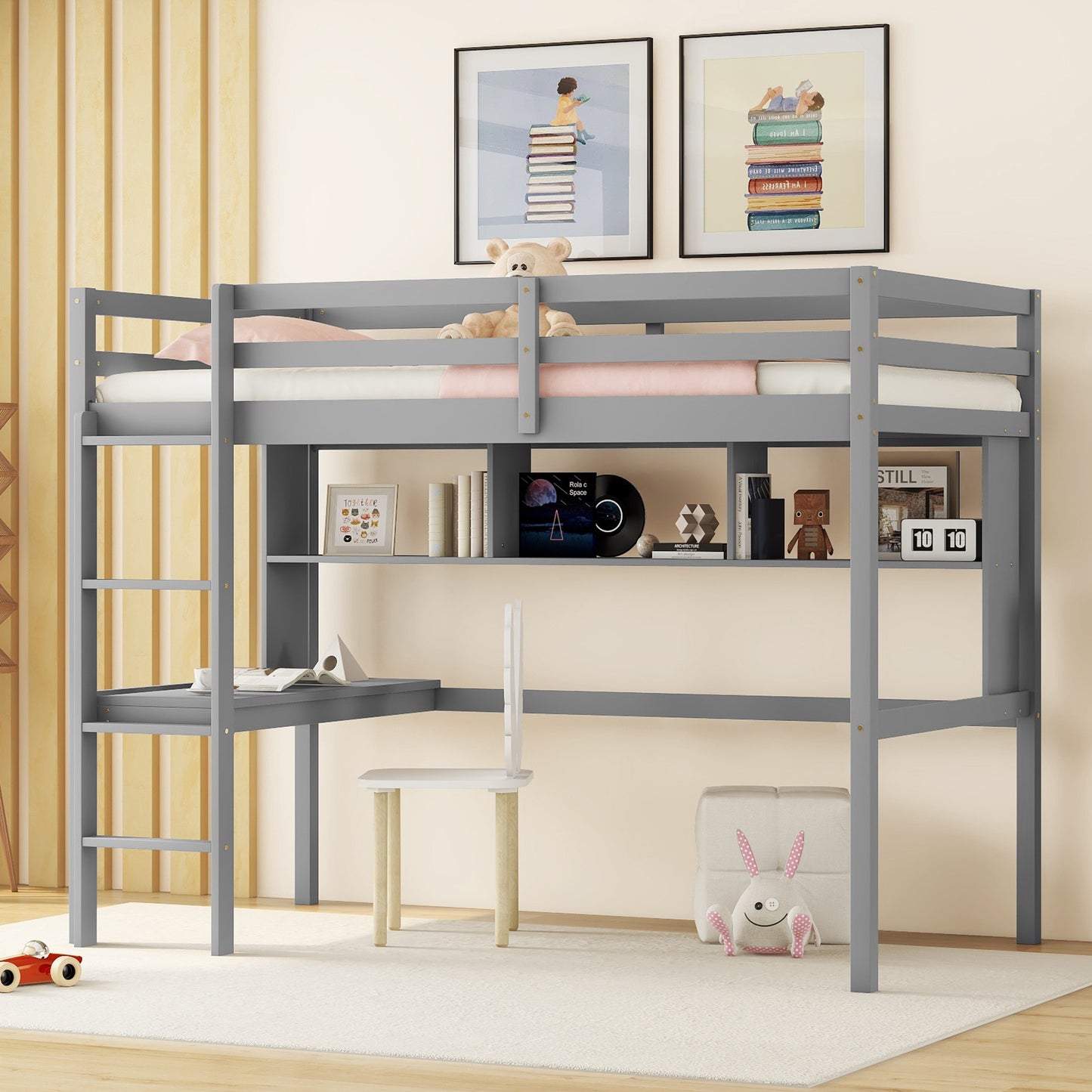 Twin Loft Bed with built-in desk and bookcase of three compartments, Guardrails and Ladder,Grey