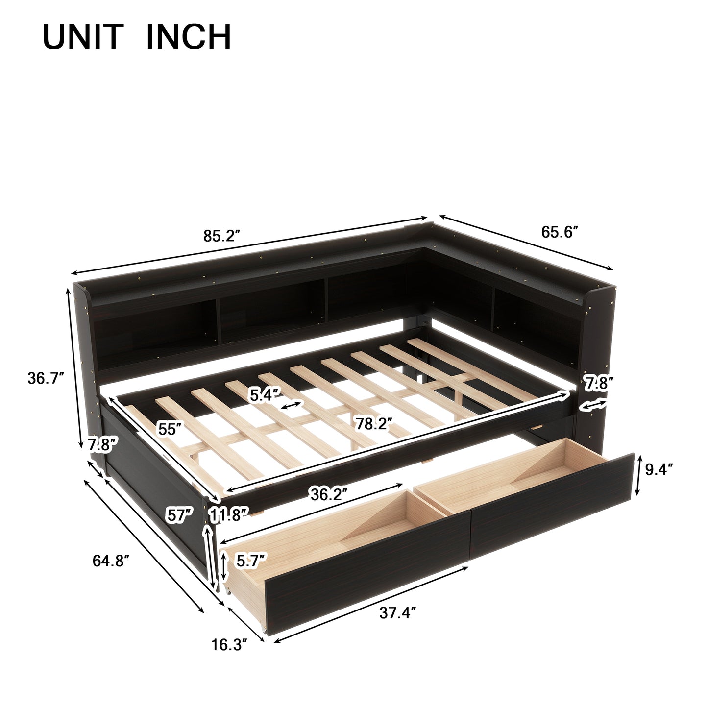 Full Bed with L-shaped Bookcases, Drawers ,Espresso