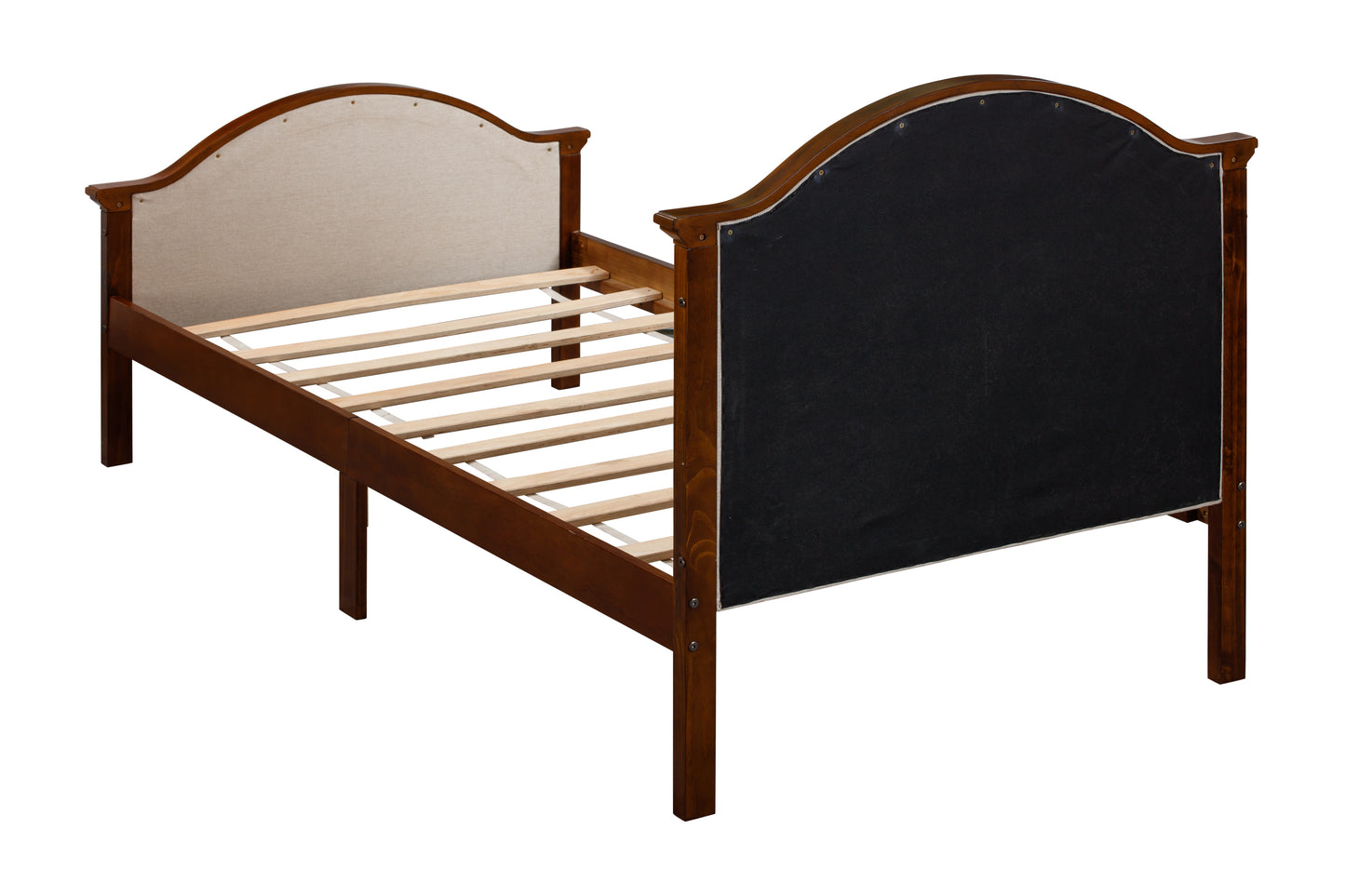 Twin Bed with Upholstered Headboard and Footboard, with Slats,Walnut