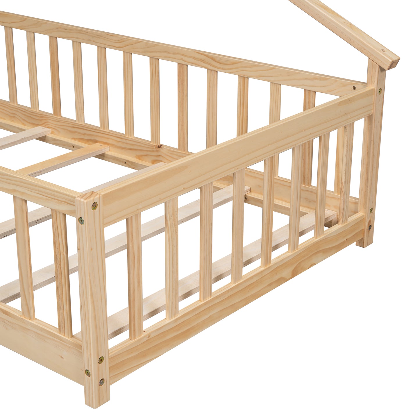 Twin House-Shaped Bedside Floor Bed with Guardrails, Slats, with Door,Natural