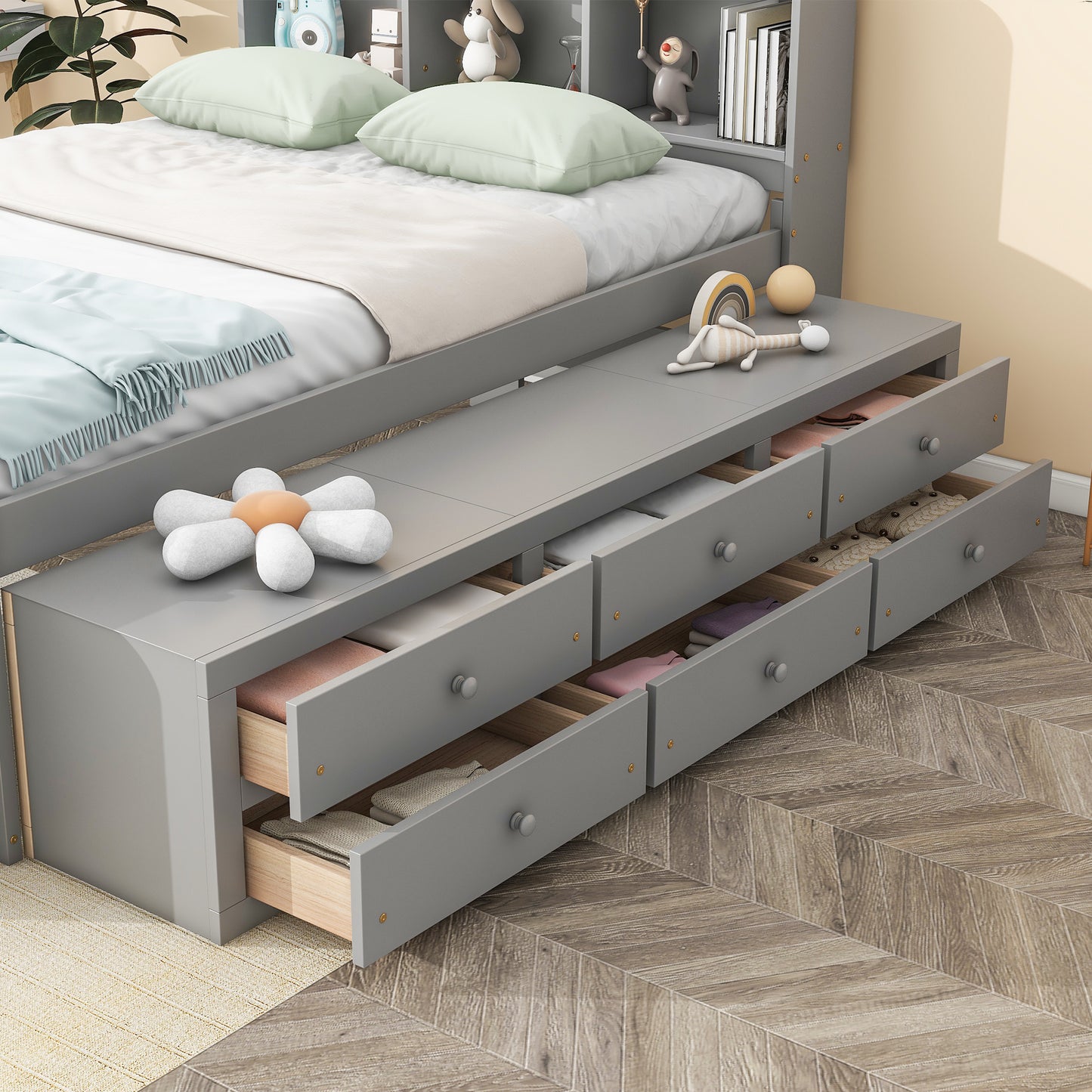 Full Bed With Bookcase Headboard, Under Bed Storage Drawers And Bed End Storage Case