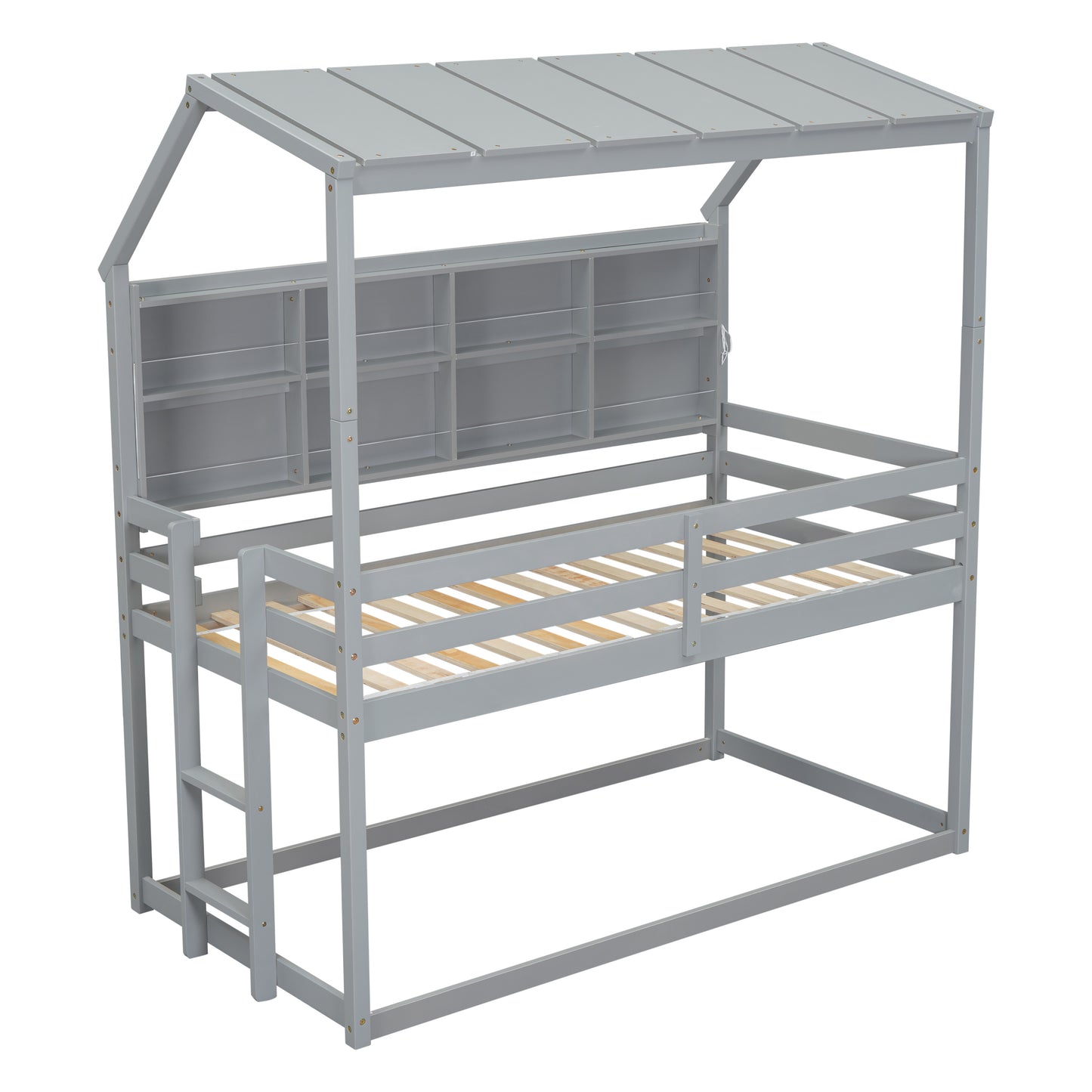 Twin House Loft Bed with Guardrails, Semi-enclosed Roof, Bedside Shelves and Ladder, Grey