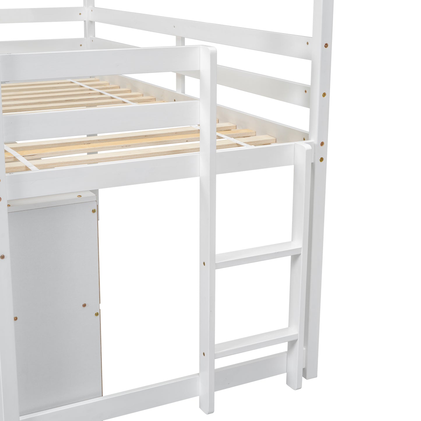 Twin House Loft Bed with Roof Frame, Under Bed Shelving Storage Unit, Guardrails, Ladder,White