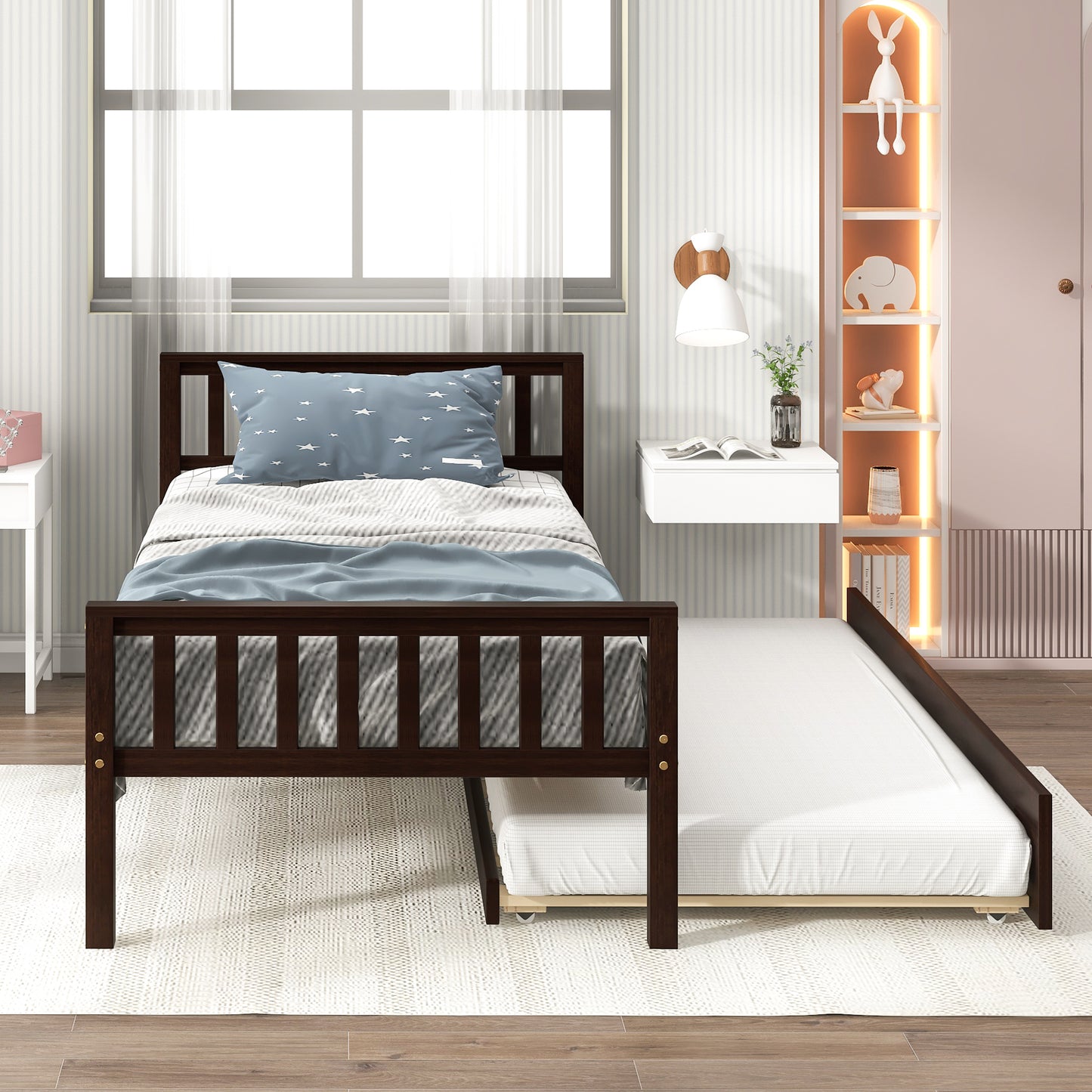 Twin Bed with Trundle, Platform Bed Frame with Headboard and Footboard, for Bedroom Small Living Space,No Box Spring Needed,Espresso(Old SKU:W50440557)