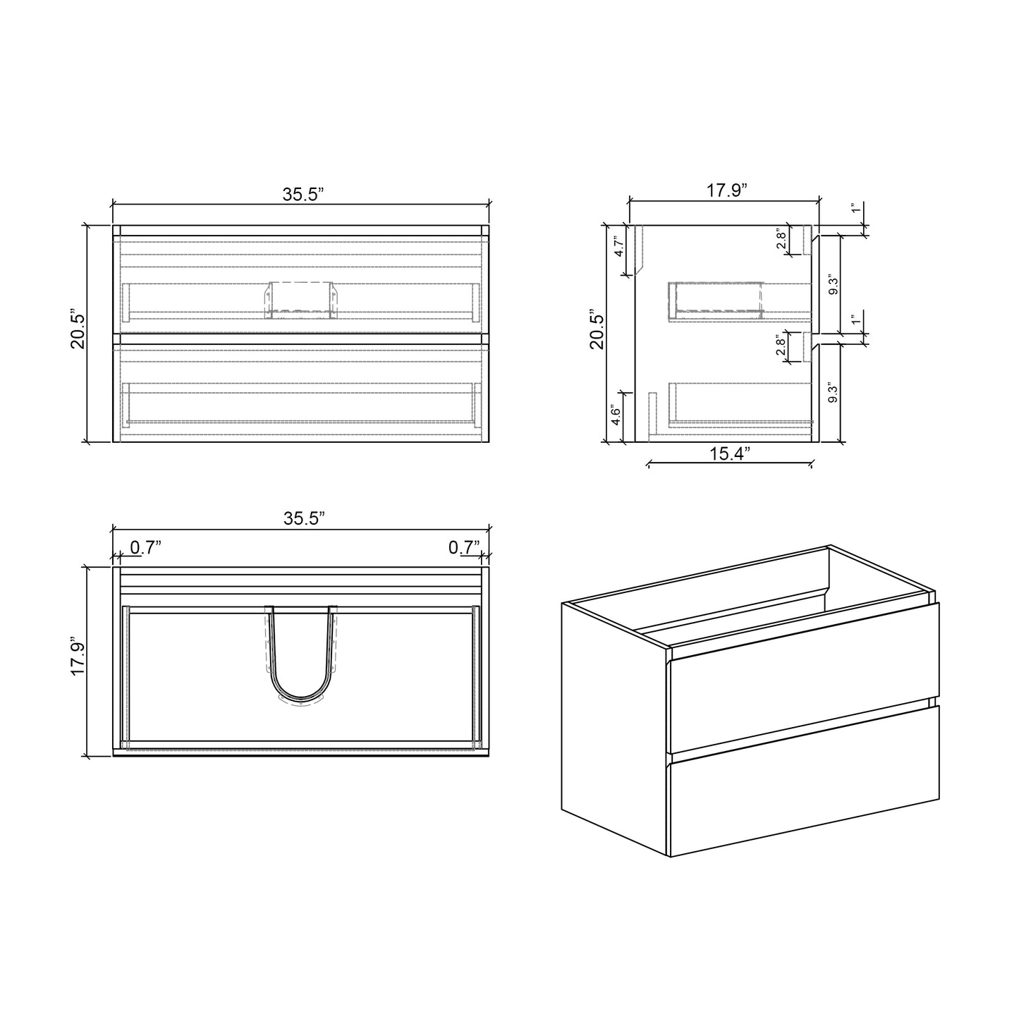 Alice-36W-105,Wall mount cabinet WITHOUT basin, Walnut color, With two drawers, Pre-assembled