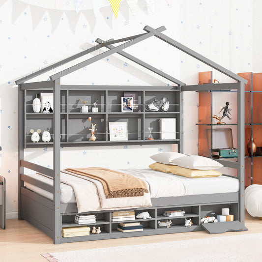 Full House Bed with Roof Frame, Bedside-shelves, Under Bed Storage Unit,Grey