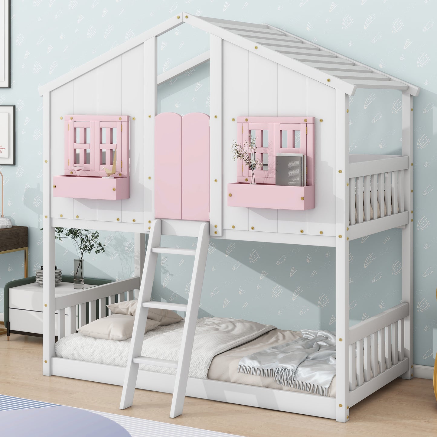 Twin over Twin House Bunk Bed with Roof , Window, Window  Box, Door , with Safety Guardrails and Ladder, Pink/White