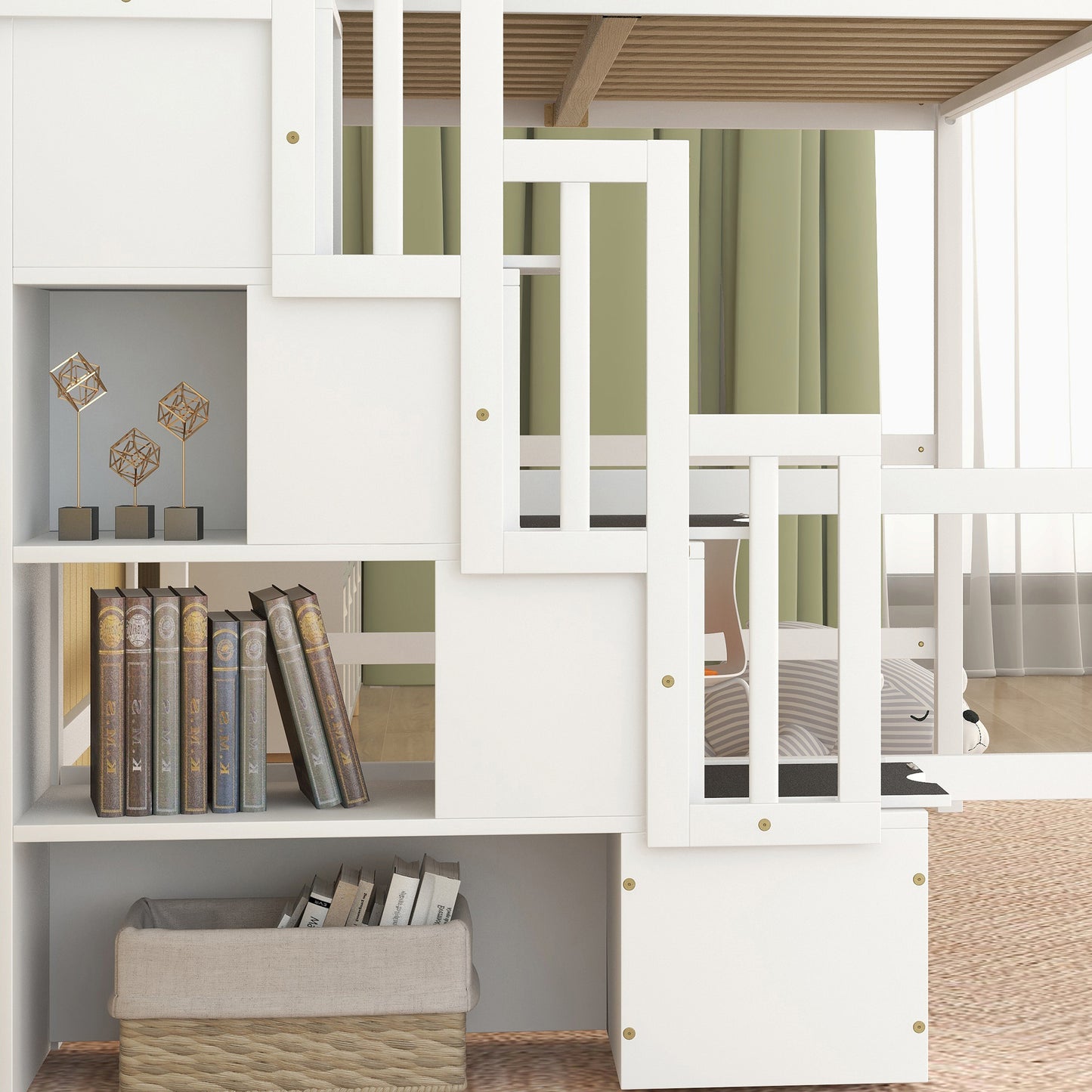 Full Size Loft Bed with Built-in Desk, Bookshelves and Storage Staircase,White(Old SKU:W504S00110)