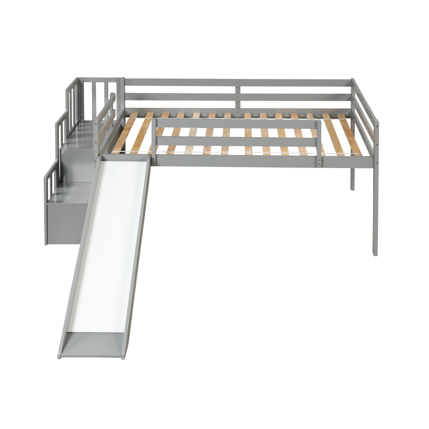 Loft Bed with Staircase, Storage, Slide, Twin size, Full-length Safety Guardrails, No Box Spring Needed, Grey (Old Sku:W504S00005)