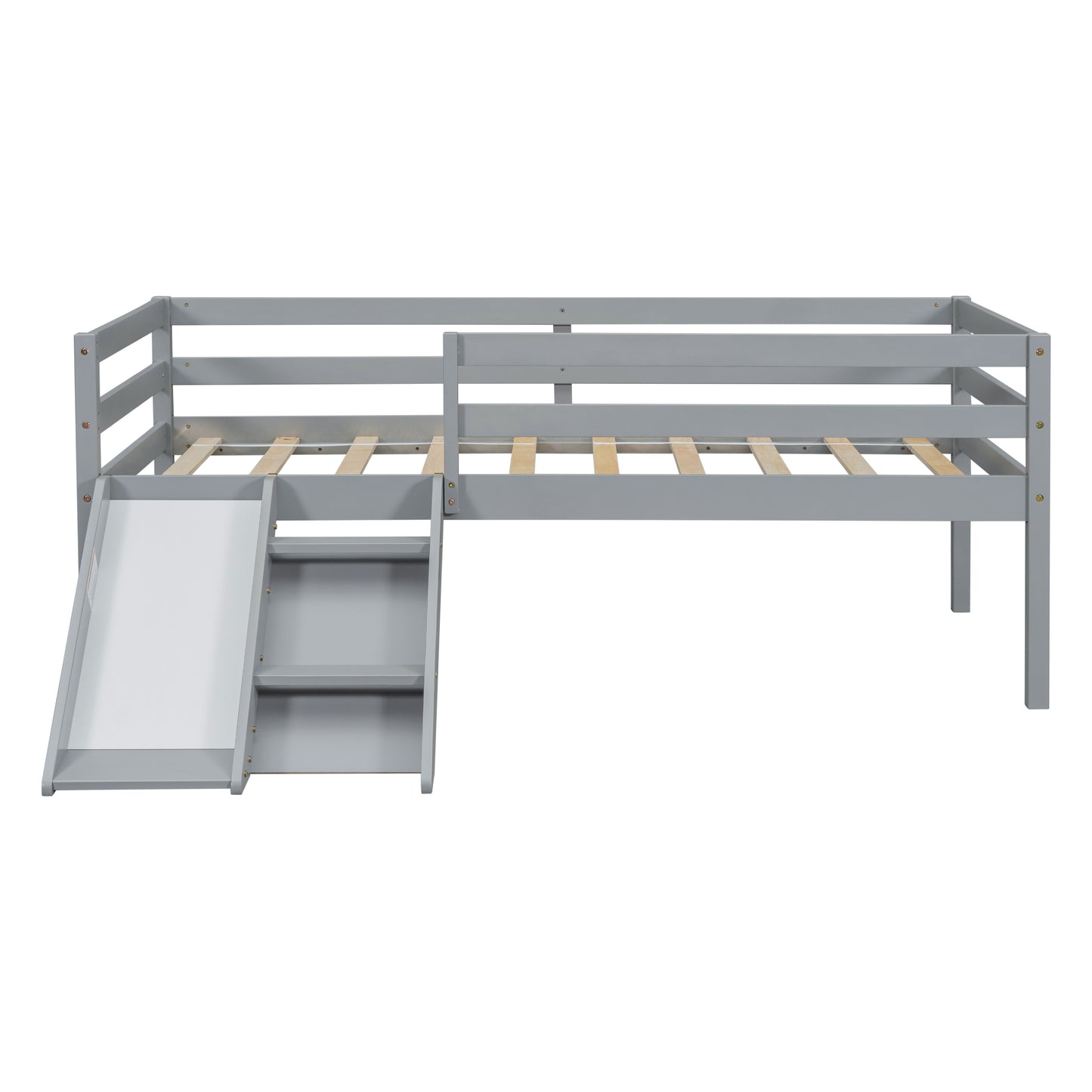 Twin Low Loft Bed with Slide,  Ladder, Safety Guardrails, No Box Spring Needed,Grey