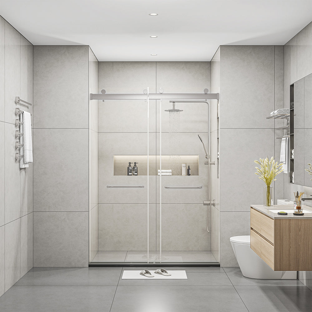 Frameless Sliding Glass Shower Doors 60" Width x 76"Height with 3/8"(10mm) Clear Tempered Glass, Brushed Nickel