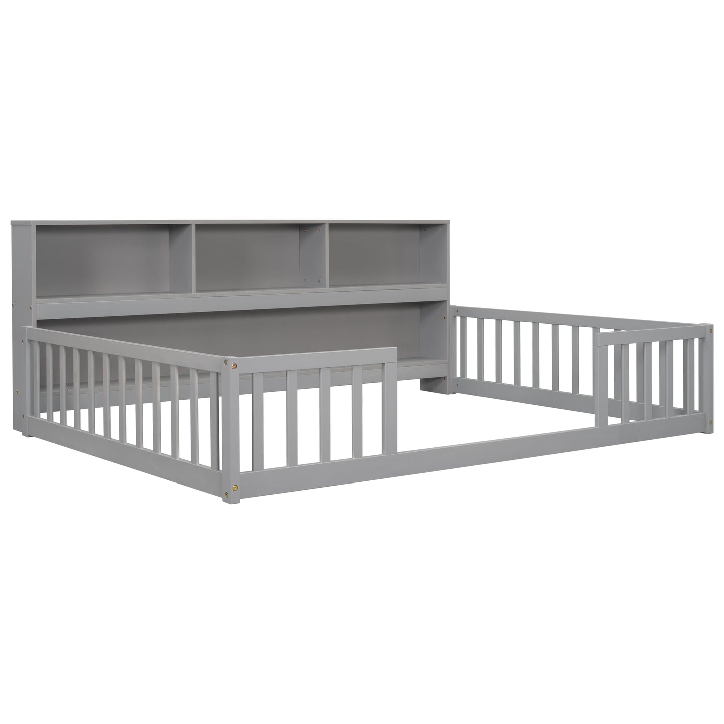 Full Floor Bed with Side Bookcase,Shelves,Guardrails,Grey