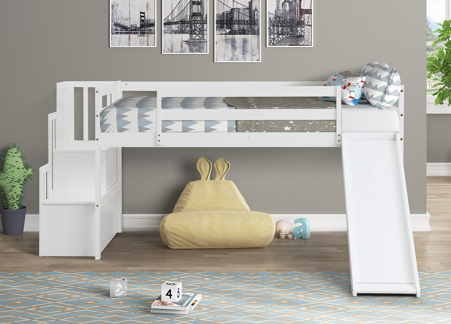 Loft Bed with Staircase, Storage, Slide, Twin size, Full-length Safety Guardrails, No Box Spring Needed, White (Old Sku:W504S00004)