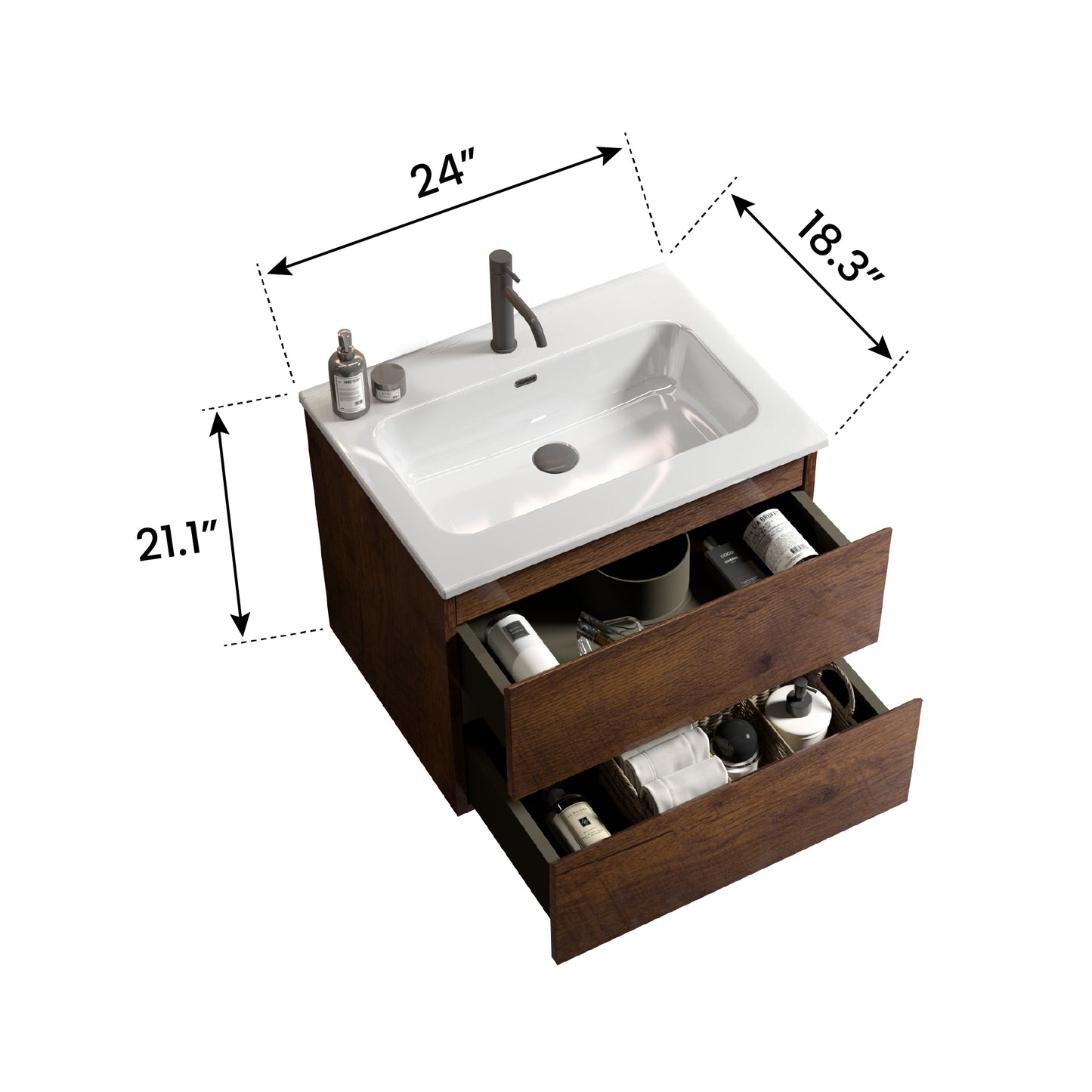 Wall Mount 24" Walnut Bathroom Vanity with Ceramic Sink with one faucet hole, Large Storage Floating Bathroom Vanity for Modern Bathroom, One-Piece Sink Basin without Drain and Faucet, Pre-assembled