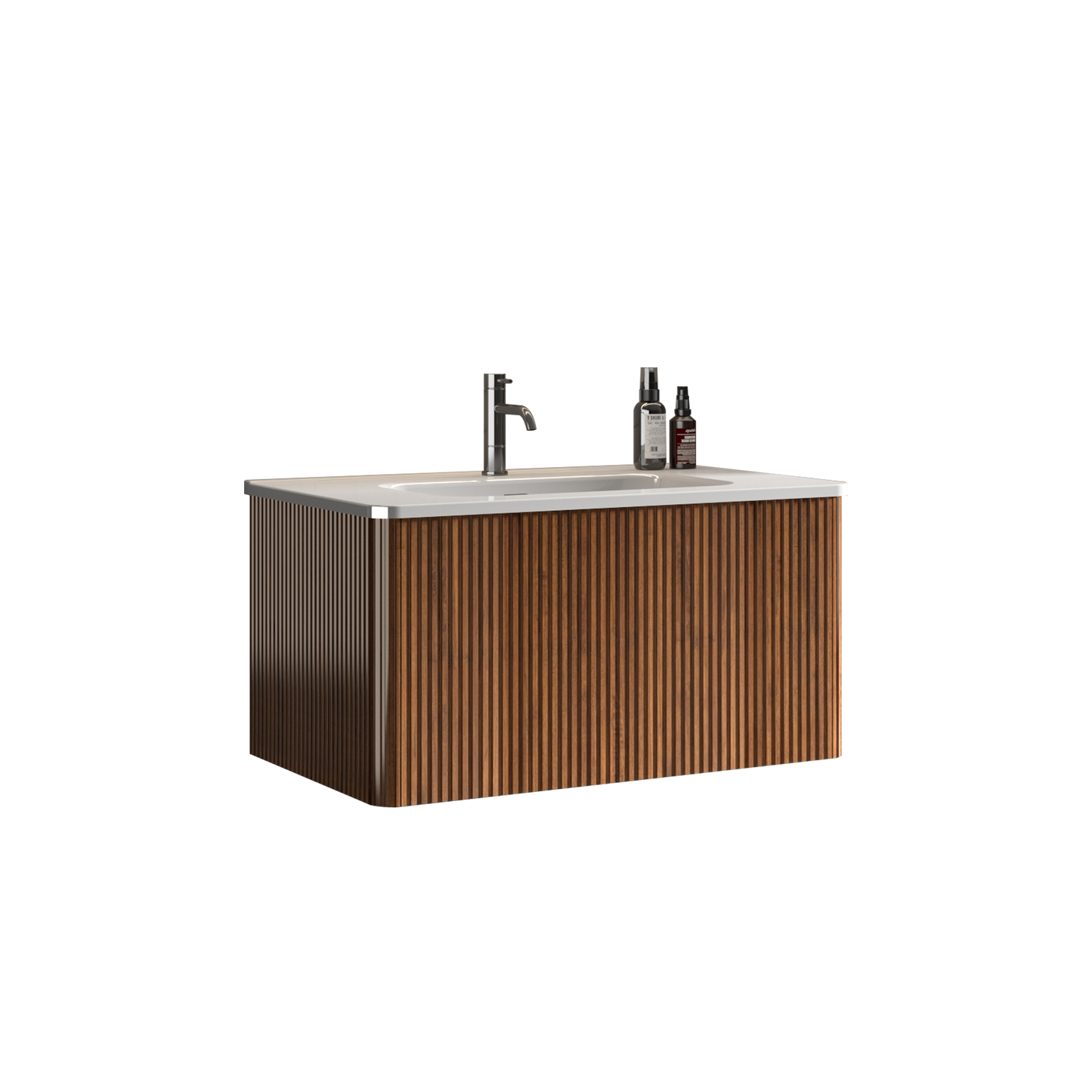 U047-Etna30W-305 Etna 30" Striped Walnut Bathroom Vanity with White Ceramic Sink, Wall Mounted Floating Bathroom Vanity for Modern Bathroom, Pre-assembled