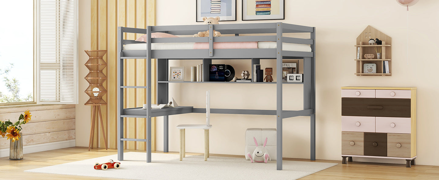 Twin Loft Bed with built-in desk and bookcase of three compartments, Guardrails and Ladder,Grey