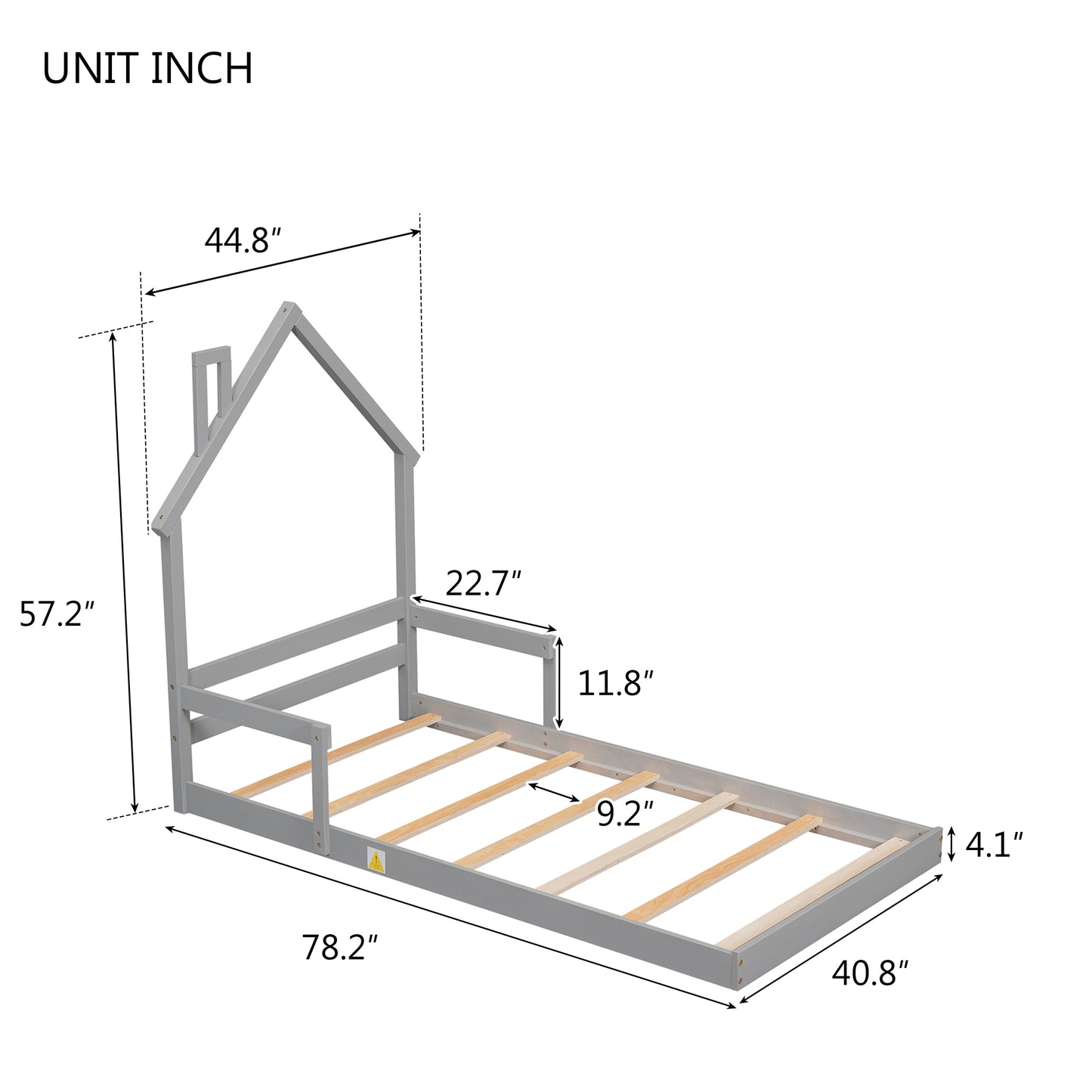 Twin-size bed House-Shaped Headboard Floor Bed with Handrails KID'S BED