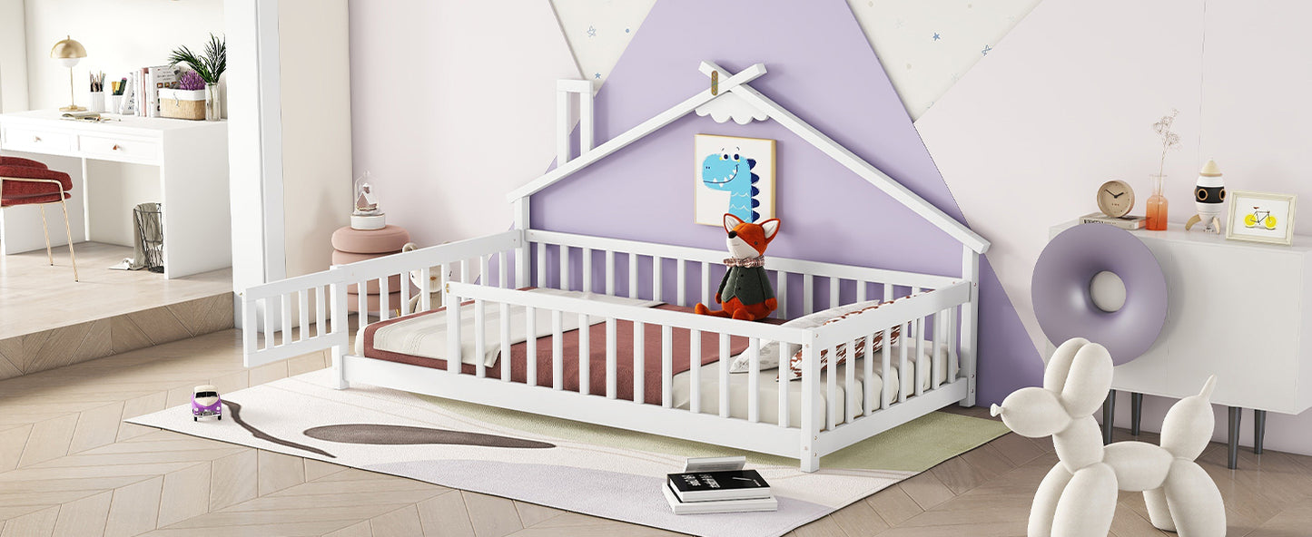 Twin House-Shaped Bedside Floor Bed with Guardrails, Slats, with Door,White