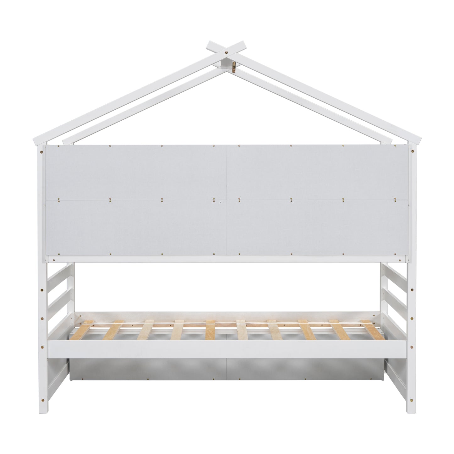 Twin House Bed with Roof Frame, Bedside-shelves, Under Bed Storage Unit,White