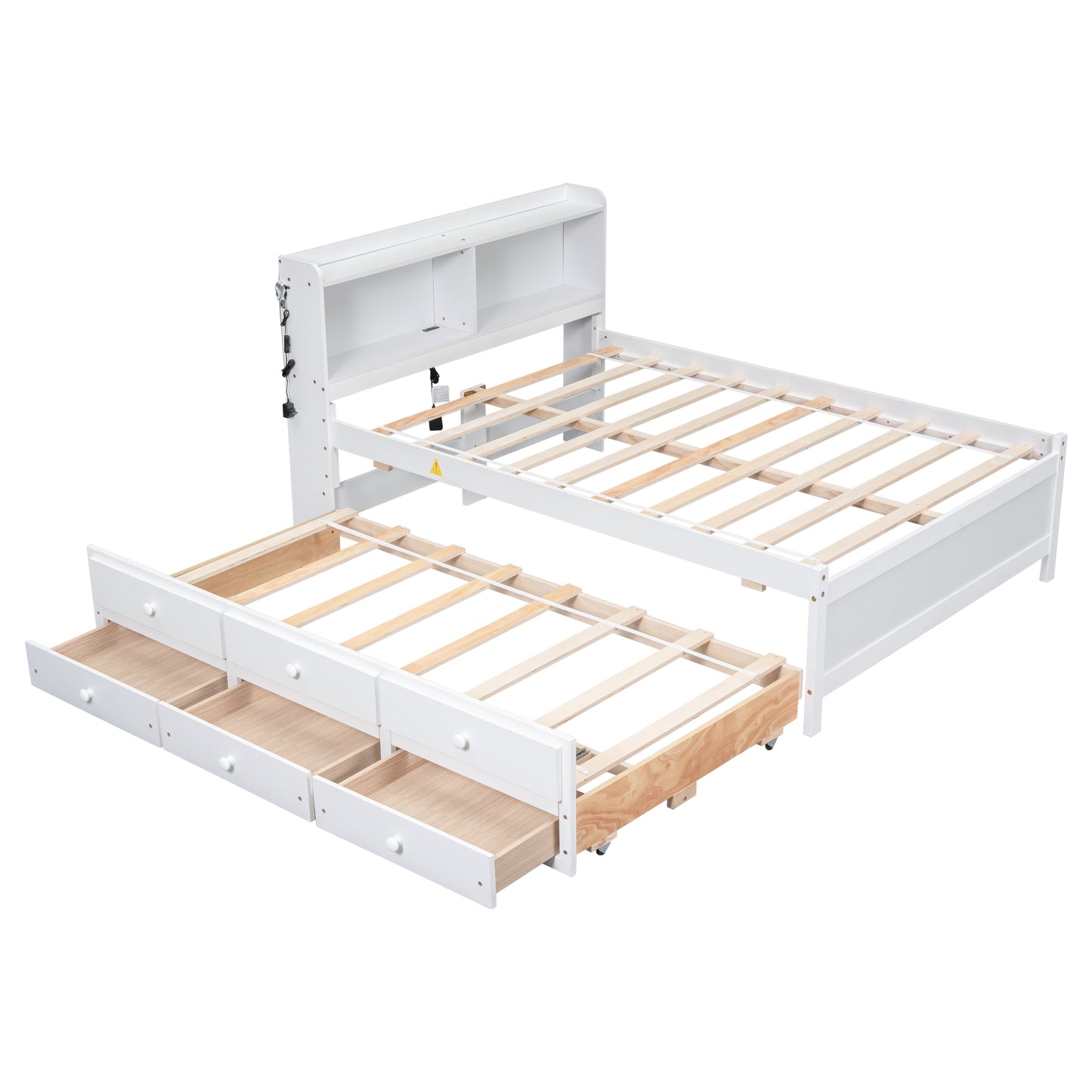 Full Size Bed with USB & Type-C Ports, LED light, Bookcase Headboard, Trundle and 3 Storage Drawers , Full Size Size Bed with  Bookcase Headboard, Trundle and Storage drawers ,White