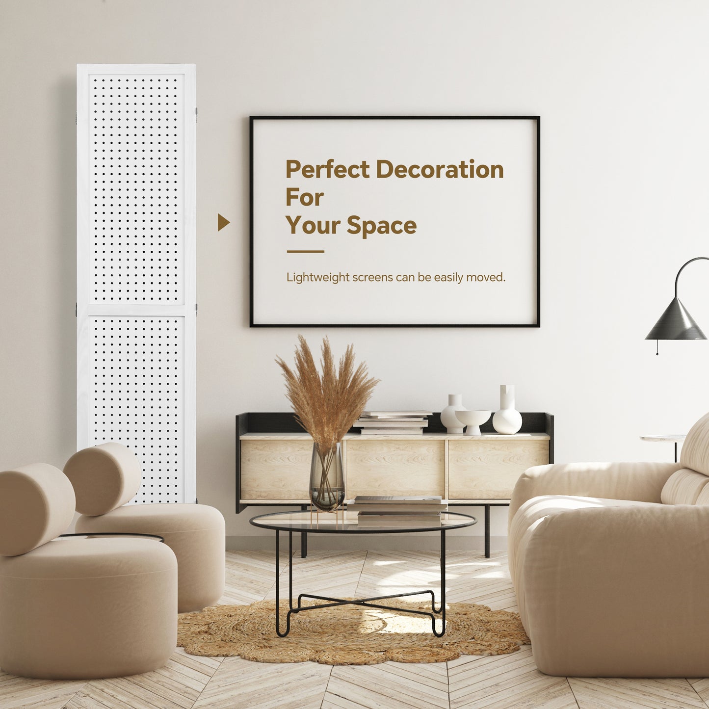 4 Panel Room Divider, 5.6Ft Pegboard Display Wooden Room Divider Folding Privacy Screen Room Divider Freestanding Peg Board Display for Trade Show Craft Show Home Wall Organizer, Elegant White