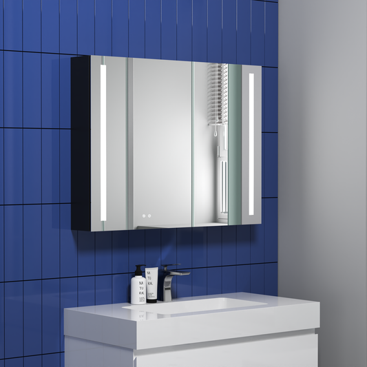 34" W x 26" H Modern Wall Mounted LED Frontlit Bathroom Mirror Cabinet with US standard plug, Temperature Adjustable, Memory Touch Switch, Large Storage