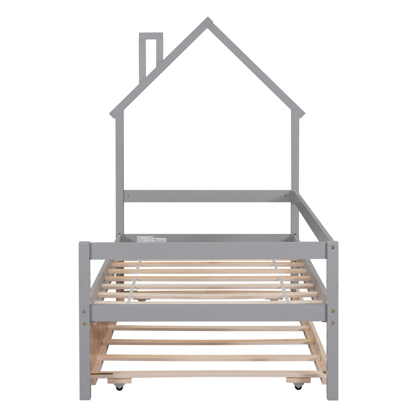 Twin House Wooden Daybed with trundle, Twin House-Shaped Headboard  bed with Guardrails,Grey