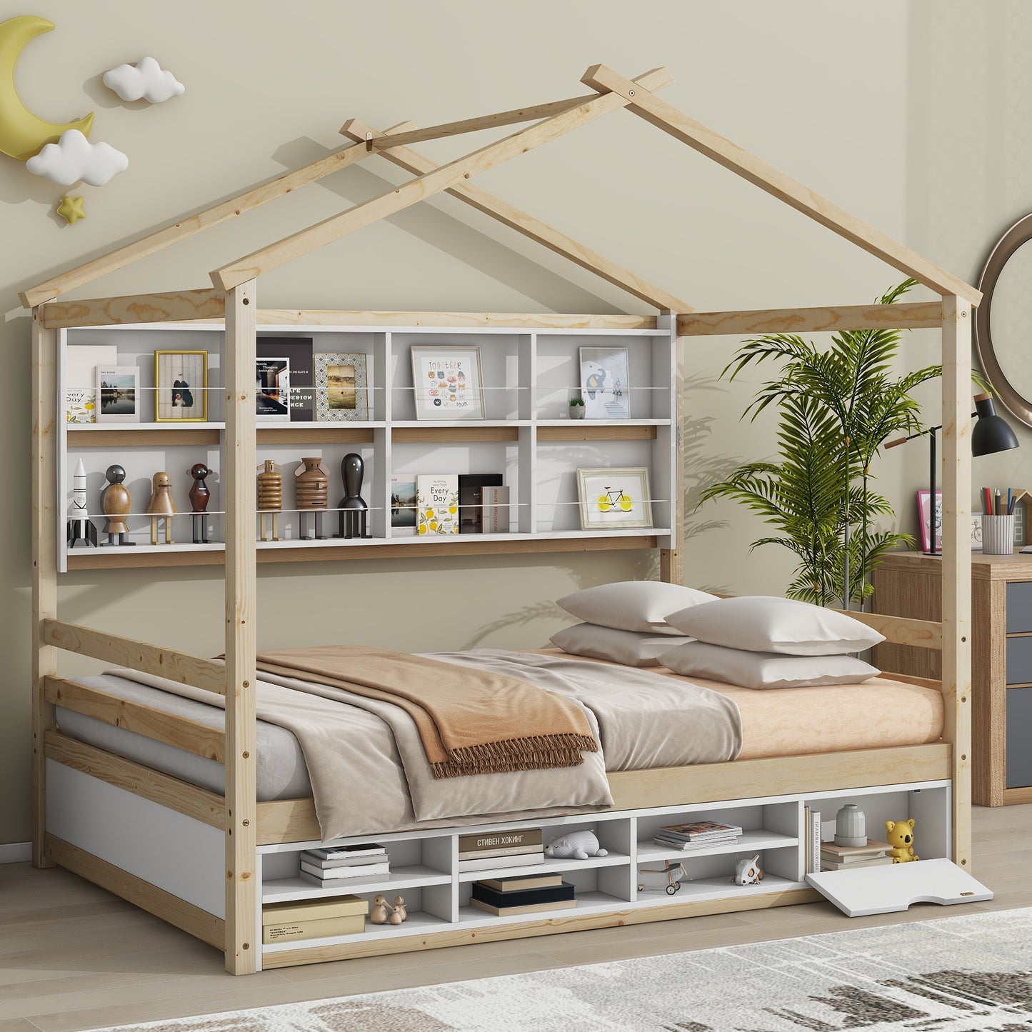 Full House Bed with Roof Frame, Bedside-shelves, Under Bed Storage Unit,Natural