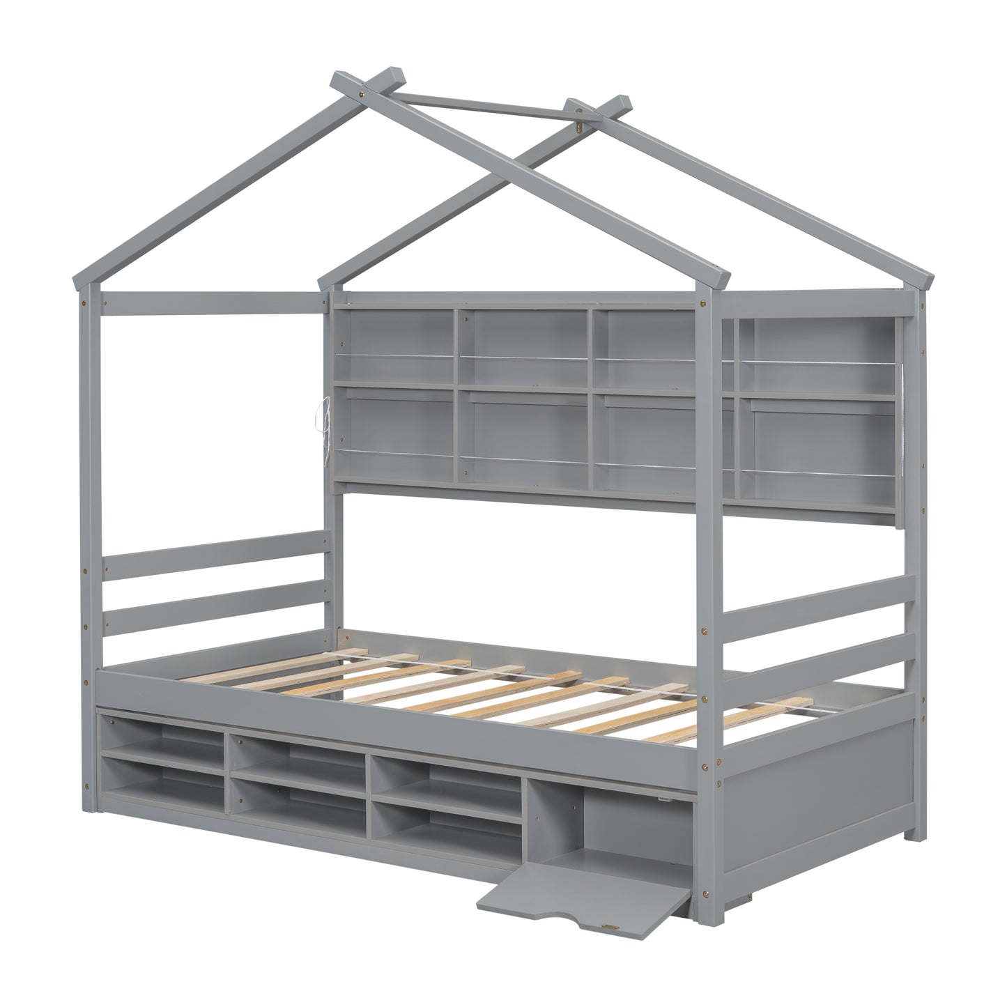 Twin House Bed with Roof Frame, Bedside-shelves, Under Bed Storage Unit,Grey