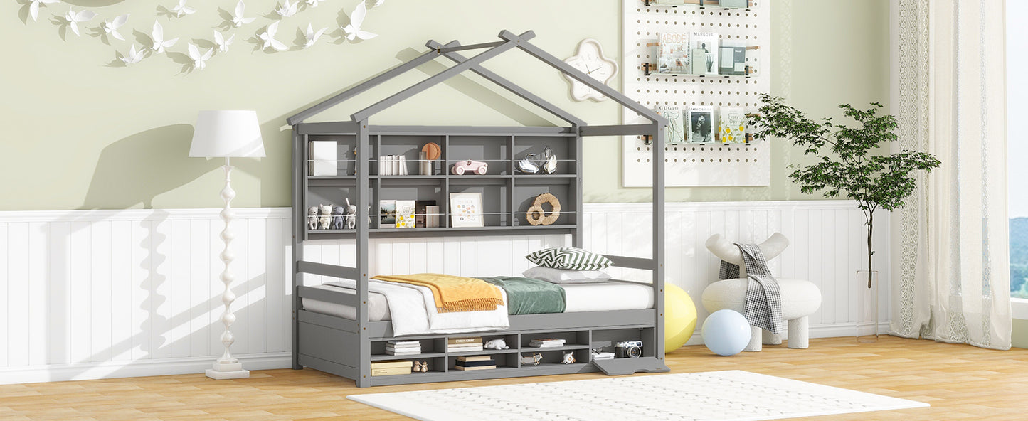 Twin House Bed with Roof Frame, Bedside-shelves, Under Bed Storage Unit,Grey