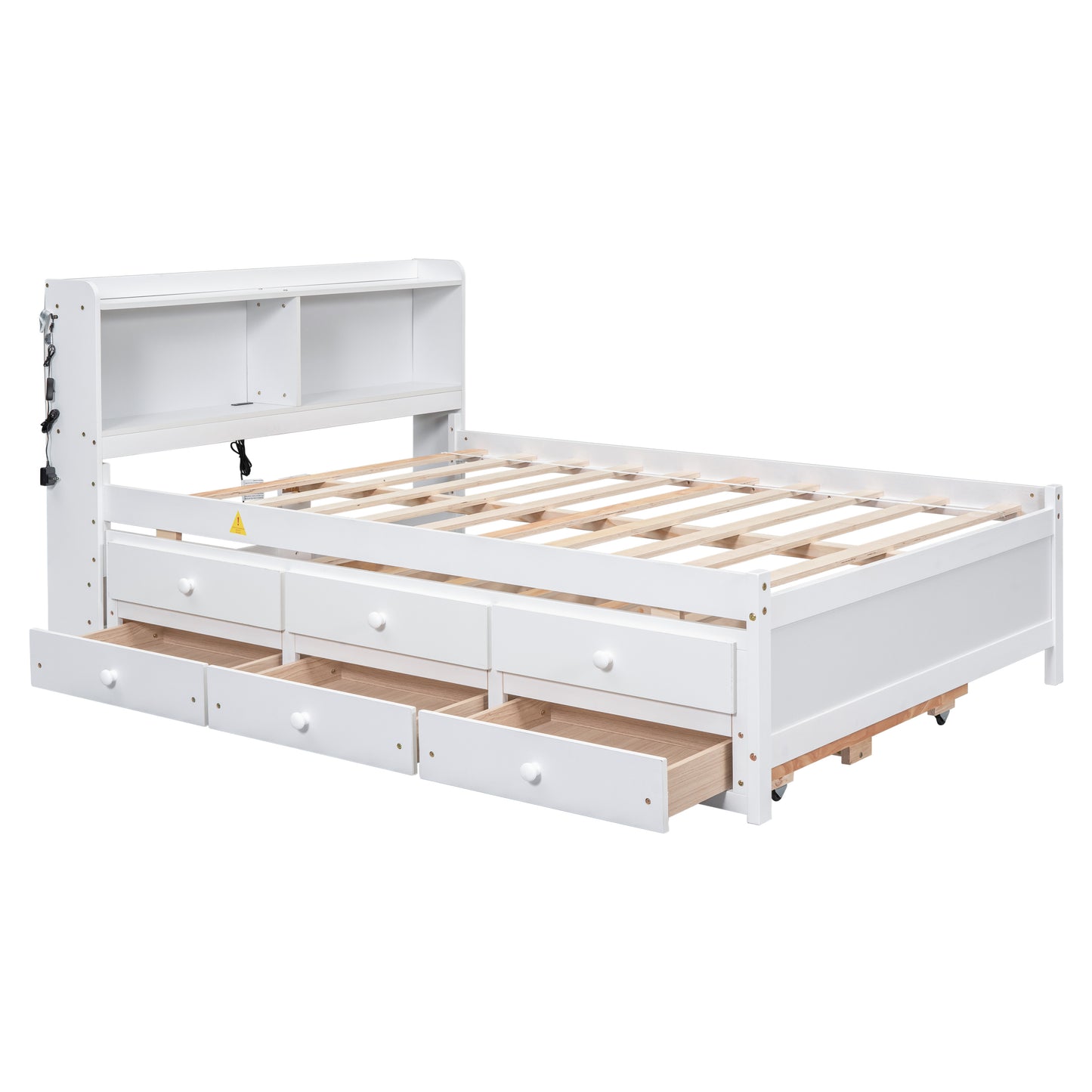 Full Size Bed with USB & Type-C Ports, LED light, Bookcase Headboard, Trundle and 3 Storage Drawers , Full Size Size Bed with  Bookcase Headboard, Trundle and Storage drawers ,White