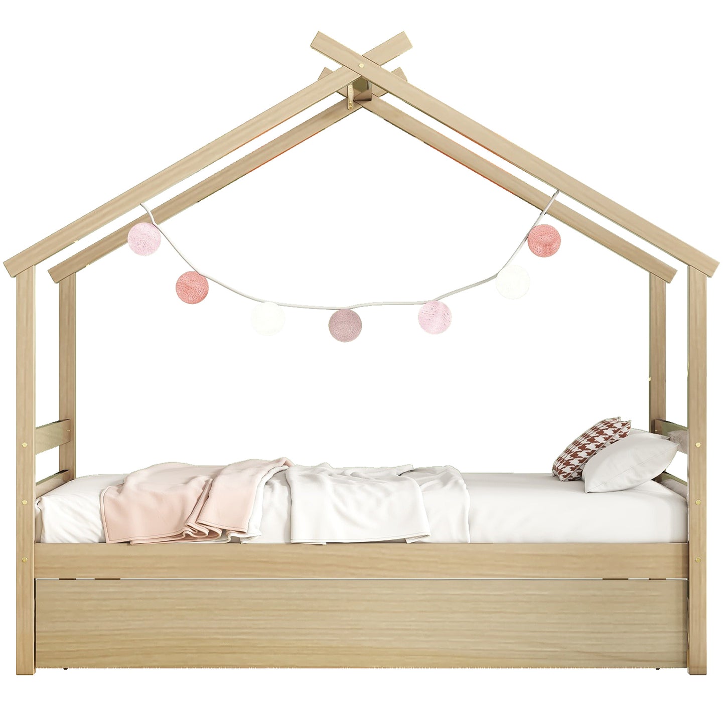 Twin Size  House-shaped Bed with Trundle,Natural