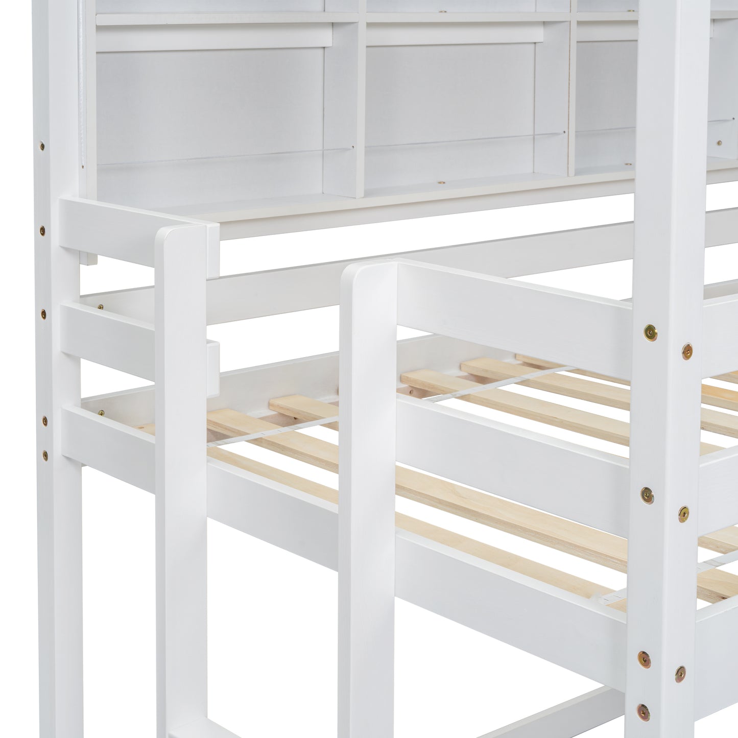 Twin House Loft Bed with Guardrails, Semi-enclosed Roof, Bedside Shelves and Ladder, White