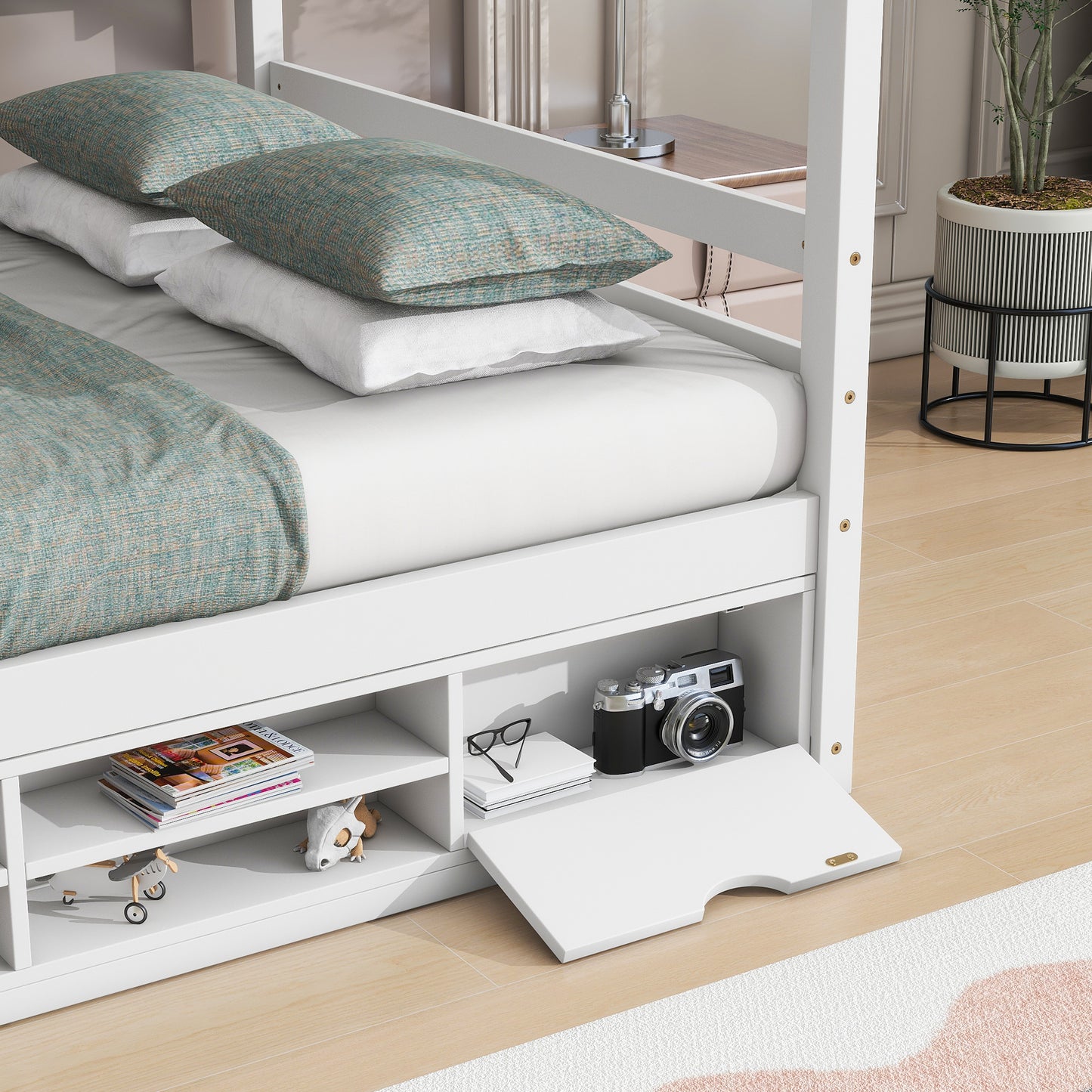 Full House Bed with Roof Frame, Bedside-shelves, Under Bed Storage Unit,White